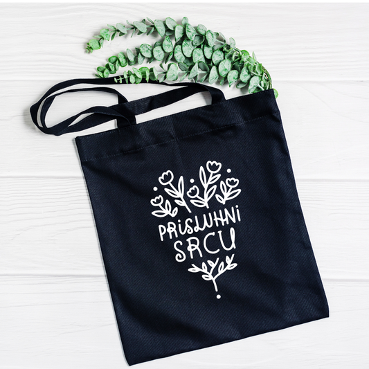 Bombažna nakupovalna vrečka z napisom PRISLUHNI SRCU – motivacijsko darilo | KiliMina HandMade